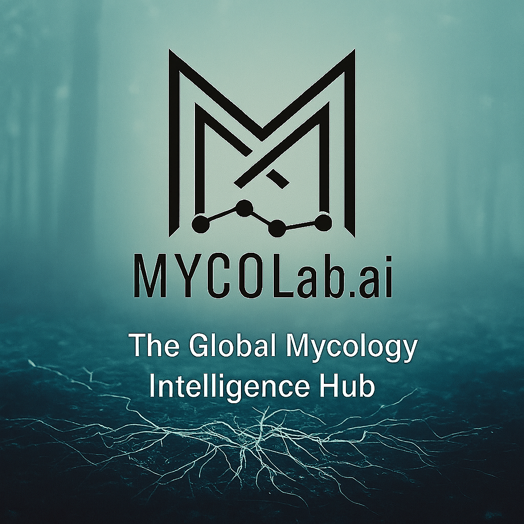 MYCOLab.ai logo above the tagline "The Global Mycology Intelligence Hub" set against a misty forest background with visible white fungal mycelium spread across the ground.