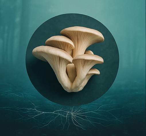 Circular image showing stacked mycelium bricks and leather alternatives in a misty forest setting