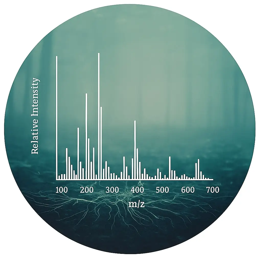 Circular photo of MASPEC scan data with molecular overlay inside a misty forest background