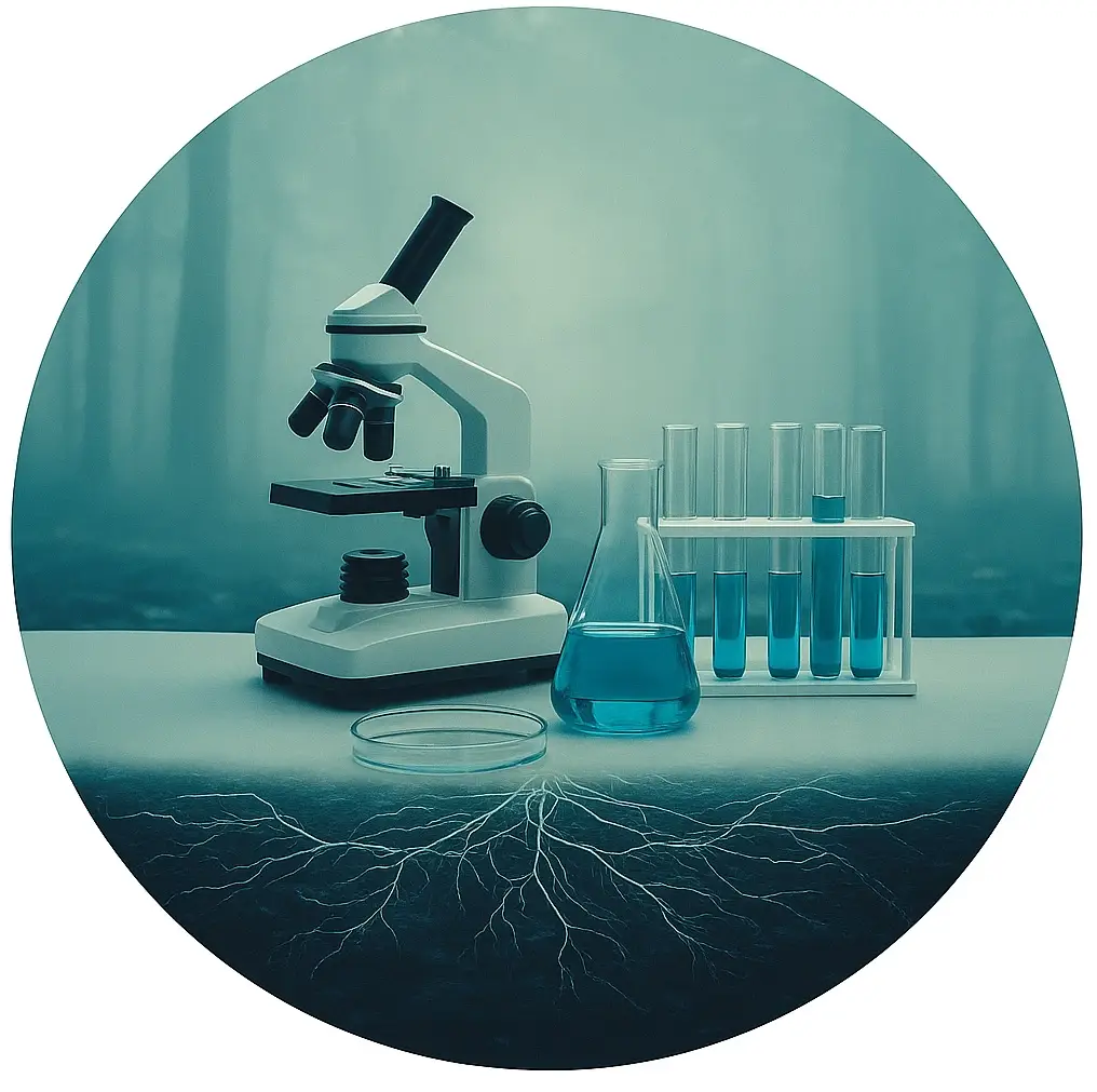 Circular image showing a laboratory setting with gloved hands working on petri dishes and a mushroom compound in a sterile environment