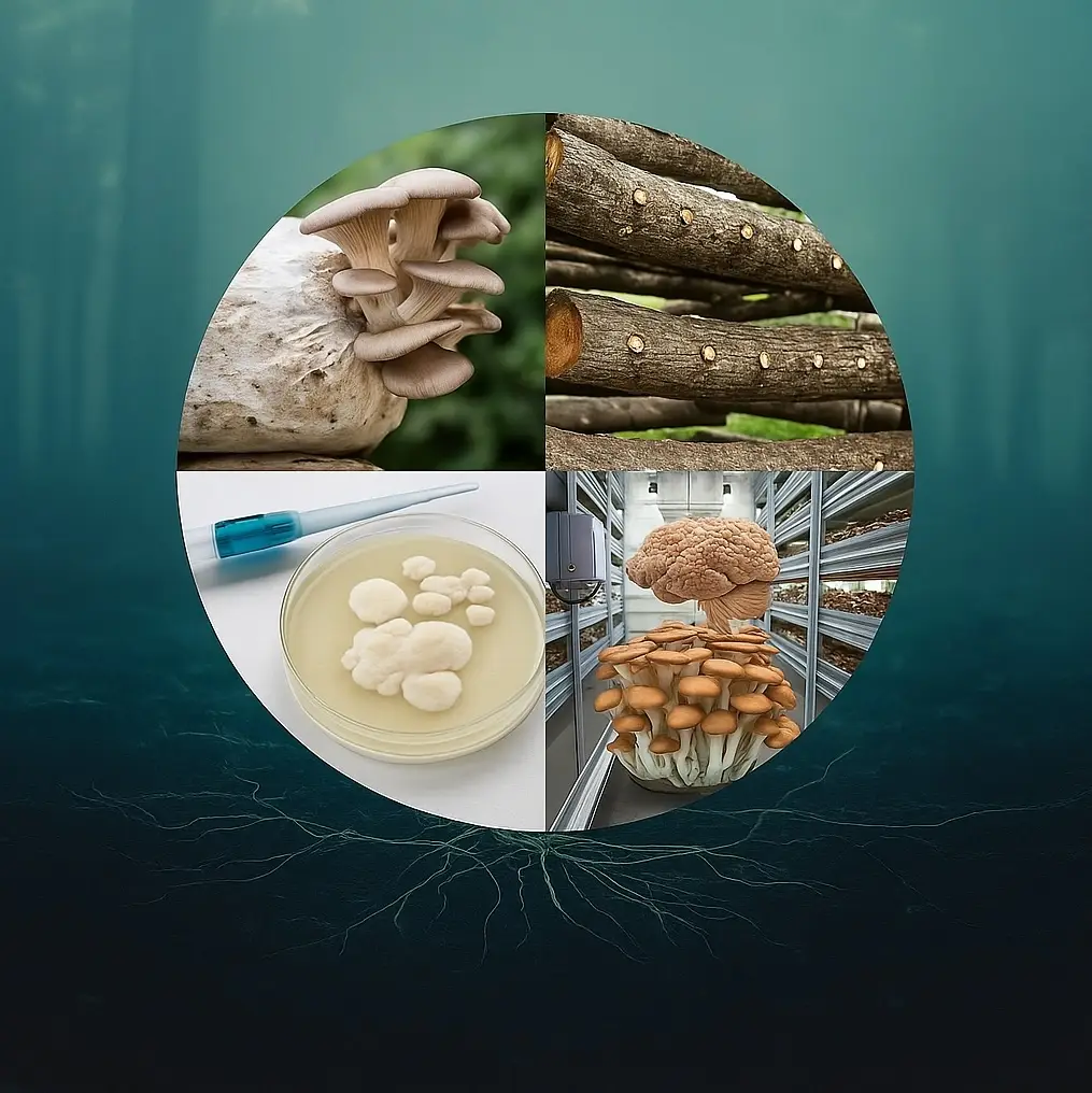 Circular photo with quadrants showing mushrooms grown on grain bags, logs, liquid fermentation, and in high-tech cleanroom environments