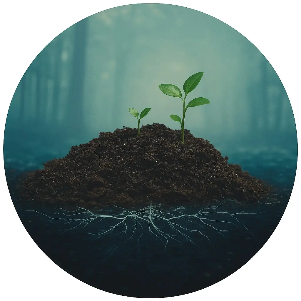 Circular image showing healthy green plants growing from rich, regenerated soil in a forest environment